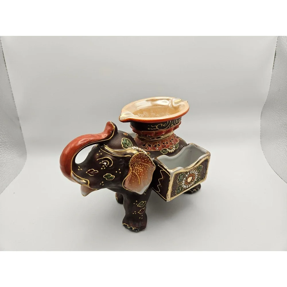 Vtg 1920's/30's Satsuma Moriage Elephant Ashtray Cigarette & Match Holder, Japan